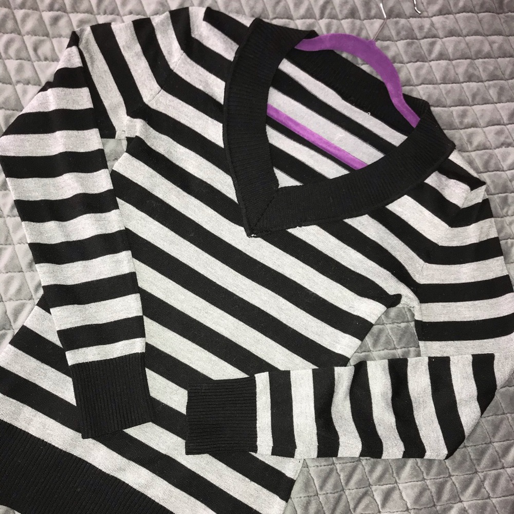 Striped Black and Gray V-Cut Tight Sweater